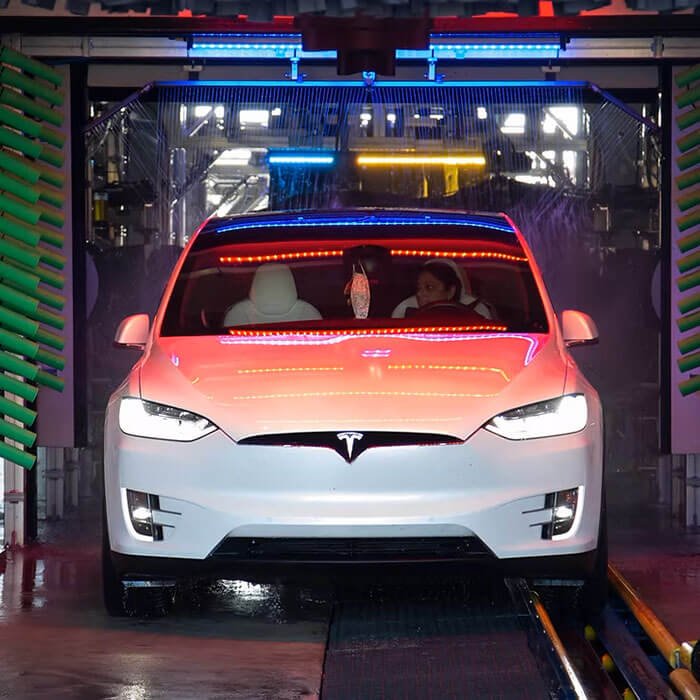 Tesla inside car wash tunnel